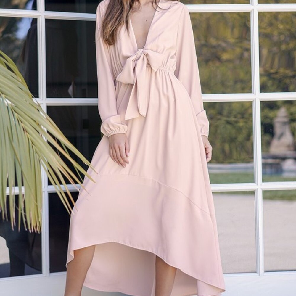 Blush Long Sleeve Tie-front Midi Dress Pink - Size XL